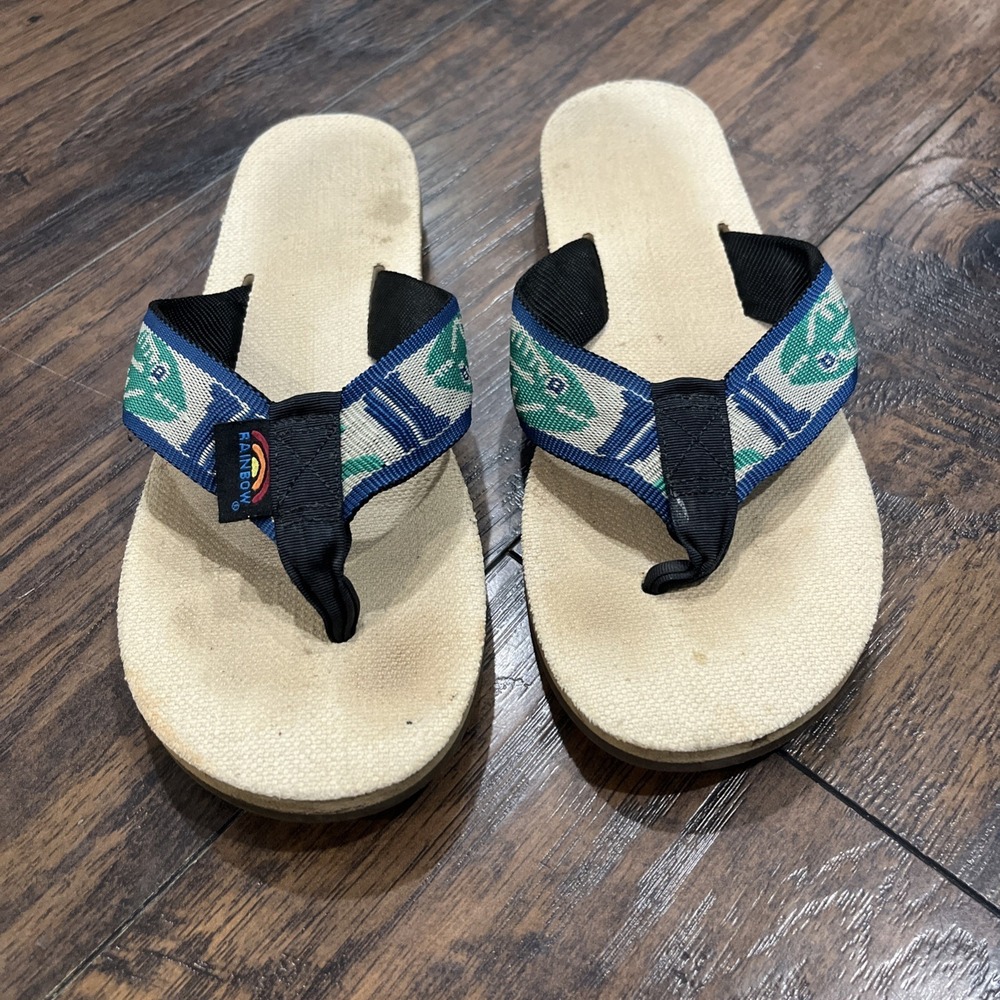 Rainbow Sandals Hemp Flip Flops Single Layer Nylon Fish Pattern Strap US Sz 7.5